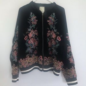 Anthropologie Elevenses Embroidered Velvet Bomber